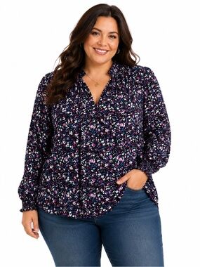 Fransa Plus-Size Floral Button-Front Blouse in Black Multi